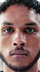 Serious, face and man with sweating in fitness for intense workout, endurance challenge and break. Athlete, person and exhausted on closeup for training recovery, overworked and resting from exercise