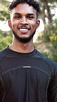 Face, athlete and man in nature with smile, training goals and positive attitude for exercise start. Happy, active person and runner outdoor with confidence, wellness and prepared for sports workout.