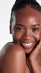 Skincare, face and happy woman with glow, beauty and cosmetics for healthy skin benefits or wellness. White background, portrait and black person with smile for shine, dermatology and laugh in studio