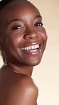 Laughing, woman and skincare for face, beauty and dermatology for healthy skin benefits and wellness. Studio background, portrait and black person with smile for shine, cosmetics and glow in Kenya