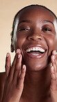Face, happy woman and skincare for healthy skin, wellness and self care with dermatology for beauty. Studio background, portrait and black person with smile for glow, cosmetics and laughing in Kenya