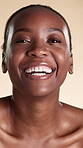Happy, black woman and skincare for face, glow and dermatology for healthy skin benefits or wellness. Studio background, portrait and person with smile for beauty, cosmetics and laughing in Kenya