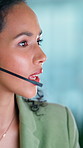 Call center, speaking or woman with headset for customer care, online consultation or advice hotline. Talk, help desk or virtual assistant with solution for troubleshooting, contact or tech support