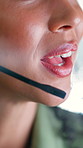 Call center, speaking or woman with mic for customer service, online consultation or advice hotline. Talking, help desk or virtual assistant with tech support for troubleshooting, closeup or smile
