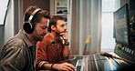 Production, music and producers with headphones in studio working on album or song with computer. DJ, equipment and male sound technicians with technology for mixing audio track in recording booth.