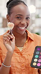 Face, black woman and content creator with makeup palette, brand promotion and recommendation video. Smile, live streaming or beauty influencer with brush to apply cosmetics, tutorial and pov in home