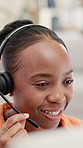 Black woman, remote work and advice with headset in home for customer service, support or help. Female person, consultant and online freelancer for telecommunications or virtual assistance in house