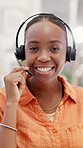Video call, help desk and black woman with face, conversation and virtual meeting. African person, customer support and employee in office, headset and online chatting for system solution and talking