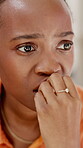 Mental health, biting nails or black woman with nerves, anxiety trigger or memory of past trauma. Stress, overwhelmed or female person with bad habit, flashback and tension in emotional thoughts.