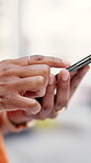 Texting, response and hands in house with phone, internet search and communication on online platform. Digital, reply and woman in home with tech, social media update and message on virtual app.