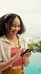 Woman, phone and outdoor at resort with summer holiday, social media post or website for accommodation. Person, smile and scroll by swimming pool with tech, vacation and mobile app for booking hotel.