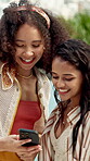Friends, outdoor and conversation with phone for summer holiday, social media and bonding together. Women, smile and watch video at resort with tech, connectivity and travel discussion for vacation.