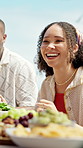Laugh, friends or woman at resort with lunch, celebration or bonding together in reunion. Social gathering, fruit or people outdoor with happiness, fun time or shared meal in healthy relationship.