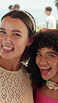 Selfie, playful or friends at resort with face, reunion celebration or bonding in digital memory. POV, tongue out or women outdoor with pout, group party or social gathering in holiday picture.