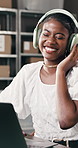 Headphones, black woman or dance with laptop for logistics, supply chain or distribution. Music, tech or happy entrepreneur in ecommerce office with stock document, small business or listen to radio