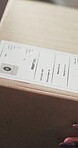 Package, label or hands with box for supply chain, priority shipping or mailing address for delivery. Tracking number, courier info or person with postage sticker for order, parcel details or startup