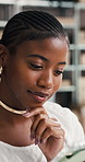 Thinking, business and black woman in office, tablet for online order and reflection. African person, employee and entrepreneur in workplace, decision and tech for ecommerce, email and contemplation
