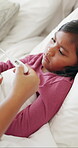 Girl, sick and thermometer with parent in home bedroom for illness, infection or virus recovery. Checking, fever and temperature with child in bed, healing and mother concern for family health