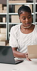 Laptop, typing or black woman with package for supply chain, order confirmation or email for tracking info. Quality control, shipping details or entrepreneur with pc in office, ecommerce or parcel