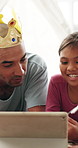 Father, child and reading with tablet at house for homework, elearning and academic video. Smile, man and daughter with digital for online education, learning support and study activity for knowledge