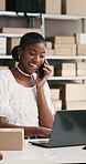 Phone call, laptop or black woman in office for distribution schedule, shipping or talking. Tech, entrepreneur or speaking to client for ecommerce order, typing email and smile in small business