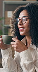 Coffee, aroma and woman with smile for logistics, distribution and thinking with glasses in factory. Small business, supply chain and African person with caffeine drink on break, happy and reflection