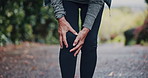 Person, hands and runner with knee pain in nature for workout accident, injury or arthritis. Senior, athlete or sore bone with leg or joint inflammation for fibromyalgia, muscle tension or tendinitis
