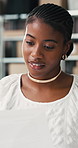 Reading, entrepreneur and black woman with paperwork in office, stock checklist and delivery schedule. Review, quote comparison or person with procurement info for dropshipping, smile or supply chain