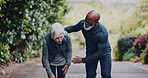 Senior, people and running with motivation for workout, exercise or outdoor training together. Interracial couple, elderly man and woman with encouragement for fitness endurance, stamina or support