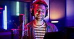 Mic, man and portrait with tablet for broadcast, talk show and script for podcast. Media agency, content creation and male person with tech for live streaming, studio recording or audio hosting