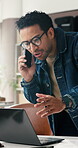Phone call, stress or man with laptop for logistics error, distribution problem or talk. Fail, ecommerce or entrepreneur chat on mobile for order mistake, tariff increase or computer glitch in office