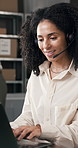 Ecommerce, headset or person in office with laptop, order management or crm support for logistics store. Distribution, telecom or agent with mic, customer service or delivery tracking for webshop.