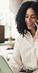 Delivery, phone call and tablet with happy woman in logistics office for feedback or update. App, conversation and smile with supply chain employee in workplace for distribution, shipping or tracking