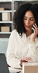 Phone call, box and woman on laptop in logistics for shipping enquiry, courier or update. Small business, african owner and contact on tech in warehouse to track package, delivery schedule and export