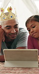 Relax, father and girl with tablet in house, streaming princess movie and watch cartoon for bonding. Film subscription, toys and happy man with child for connection, video and tech for entertainment