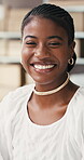 Logistics, face or black woman in office with smile, pride or ambition in supply chain industry. Distribution, happy or stock director with portrait, career or experience in shipping management.