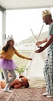 Dance, love and ballet with father and girl in home for learning, support and fun bonding. Princess, fantasy and daughter with tutu and dad in house living room for playful, smile and childhood hobby