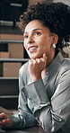 Thinking, woman and happy with laptop for logistics, freight and plan for stock distribution on web. Entrepreneur, typing and person with tech for supply chain, smile and reflection in small business