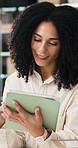 Ecommerce, woman and scroll in office with tablet, problem solving and reading website for shipping. Person, thinking and typing in workplace with tech, delivery feedback or logistics administration.
