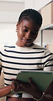 Tablet, scanner and black woman in office with boxes for delivery, logistics and ecommerce order. Digital technology, cargo and African female supply chain manager with online shipping information.