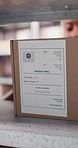 Box, packing and shelf with person in logistics office for distribution, shipping or storage. Cardboard, inventory, label with package in supply chain warehouse for delivery, priority mail or stock