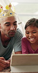 Father, child and video call in home with tablet, wave and online conversation for bonding together. Happy, dad and daughter in house with crown, greeting goodbye or digital tech for virtual meeting.