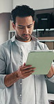Thinking, man and online order with tablet for delivery, distribution or quality control for ecommerce. Small business, warehouse and supply chain owner for planning, shipping or supplier checklist