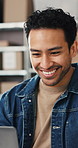 Man, reading and laptop in office with ecommerce report, courier update and good news for shipping. Person, smile and computer in workplace with delivery feedback, online logistics or administration.