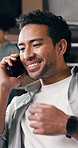 Happy, man and phone call for logistics in warehouse, talk and communication for stock distribution. Small business, entrepreneur and person with mobile for supply chain, smile and shipping schedule