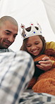 Father, child and relax with tablet at house for homework, elearning and academic video. Smile, man and daughter with digital for online education, learning support and study activity for knowledge