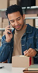 Businessman, writing and phone call with box for logistics, customer service or packaging in office. Man, employee or distributor talking with mobile smartphone for courier, delivery or online order