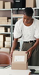 Ecommerce, box or black woman in office with tablet, package prep or inventory management for distribution. Logistic, stock or supplier with tech, shipping checklist or parcel packing in supply chain