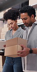 Clipboard, team and business people with box for supply chain, logistics and checklist for stock. Startup, ecommerce and workers with package, label and invoice for delivery, shipping or distribution