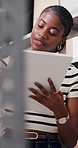 Clipboard, pen and black woman in office with boxes for delivery, logistics and ecommerce order. Documents, cargo and African female supply chain manager with shipping information in workplace.